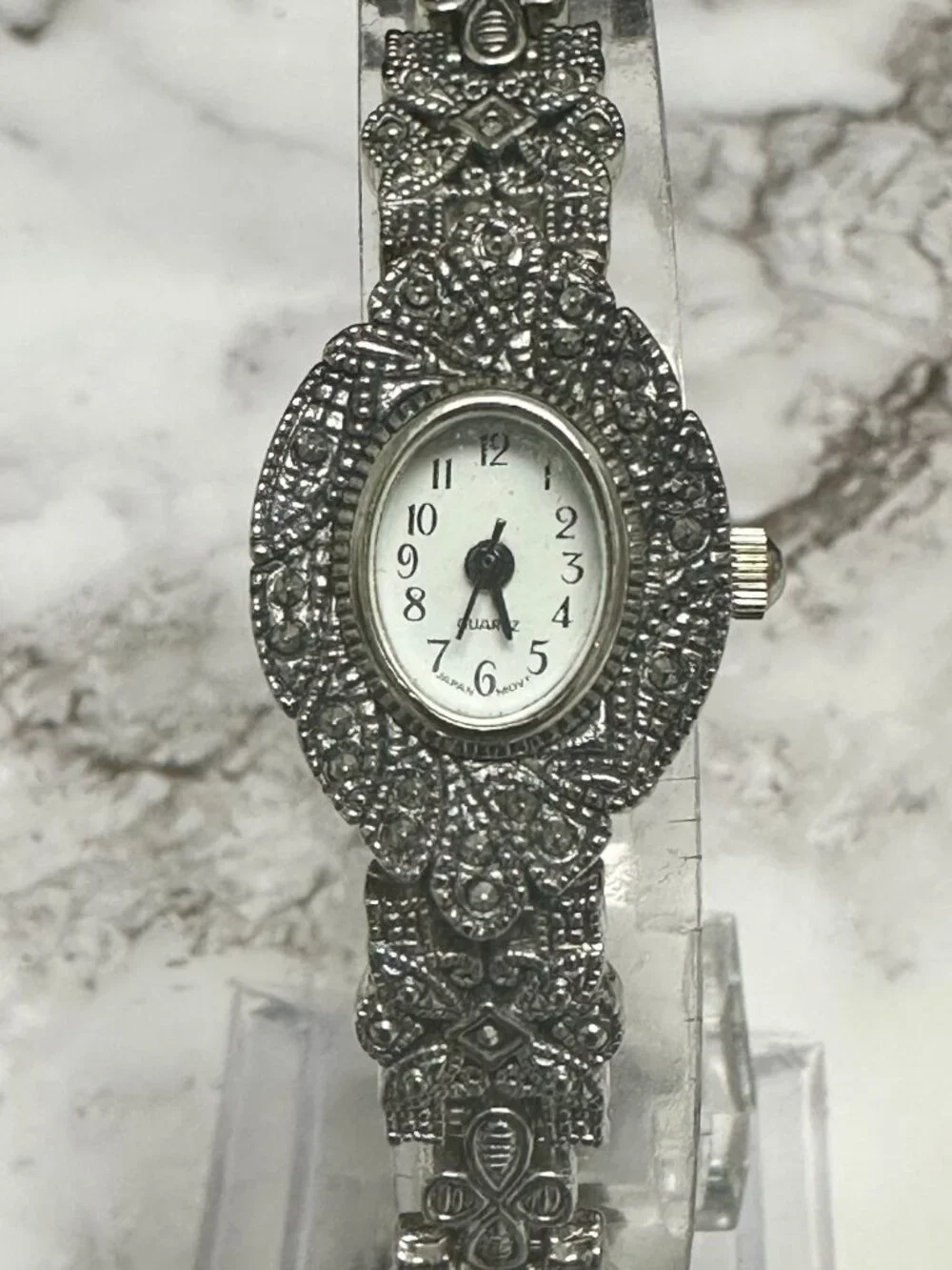 Marcasite Watch Silver Tone Oval Case Ornate Dressy New Battery 8 Inch